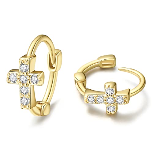 DAILY VIBES Dainty Butterfly Cross CZ Small Huggie Hoop Earrings for Women | Hypoallergenic, 14K Gold Plated Hoops, Tiny Cubic Zirconia, Cartilage Hoop Earrings for Women Trendy - color: Mini Cross