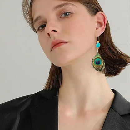 Boho Peacock Feather Turquoise Earrings for Women, Handmade Ethnic Tribal Dangle Drop Earrings with Natural Turquoise Bead, Bohemian Hippie Festival Jewelry Gift