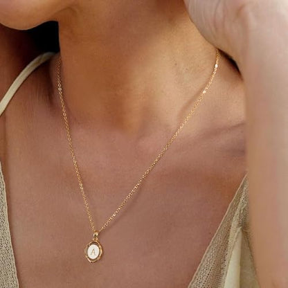 14K Gold Plated Initial Necklaces for Women, Letter Charm Pendant Necklace | Dainty Oval White Enamel Personalized Name Necklace, Trendy Jewelry with 16 inches Chain and 2 inches Extender - color: A