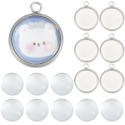 SUNNYCLUE 1 Box 120Pcs Bezel Tray Blanks Pendant Tray Kit Stainless Steel Pendant Bezels Round Clear Cabochon Domes Set for Jewelry Making Charms DIY Craft Photo Findings - color: Round Stainless Steel Cabochon Settings