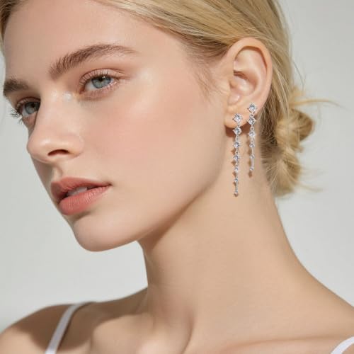 2 Pairs Long Diamond Dangle Tassel Earrings for Women | 14K Gold Silver Plated, Dainty Diamond Crystal Drop Earring, Small Cz Statement Dangly, for Wedding Bridesmaid, Jewelry Gifts - color: 2 Pairs Silver