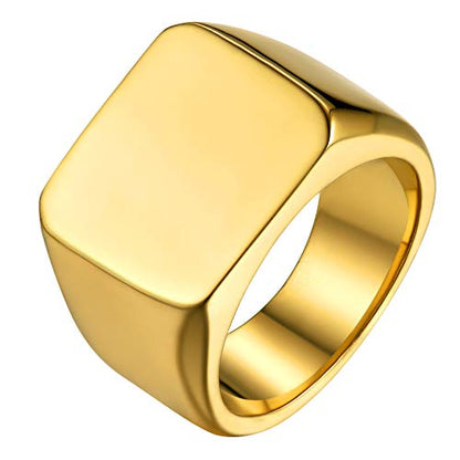 GoldChic Jewelry Personalized Signet Rings Men Women, Stainless Steel Custom Photo Bold Square/Oval Monogram/Old English Initial Pinky Stacking Statement Ring in Black/Silver/Gold (Size 7-14) - color: Gold-Blank - Square