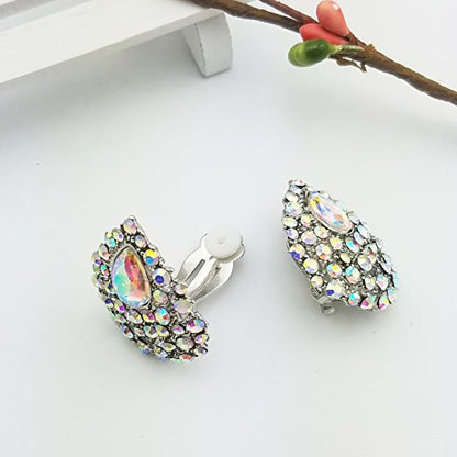 SELOVO Rhinestone Teardrop Big Stud Earrings Clip On Earrings - color: clear AB