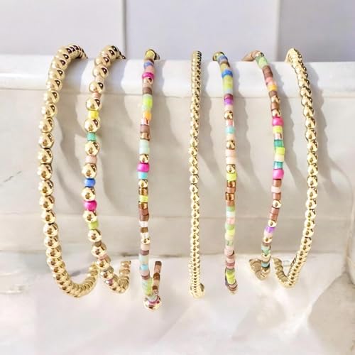 Colorful Stackable Rice Small Mini Seed Beaded Bracelets Set For Women, Handmade Dainty Boho Gold Glass Stretch Accessories Jewelry,Summer Beach Party Daily Friendship Gift - color: Gold175