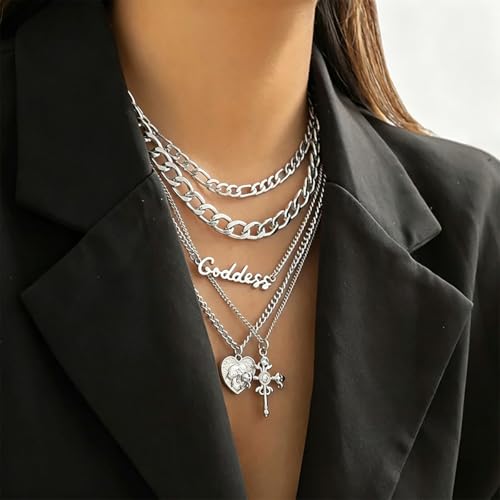 GYRMMUE 5 Pcs Chunky Gold Layered Necklaces Set for Women Heart Locket Coin Cross Pendant Necklaces Punk Hip Hop Charm Necklace Goddess Style Stacked Chain Necklace Christian Faith Jewelry - color: Silver