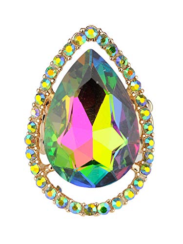 NYFASHION101 Radiant Teardrop Stone Adjustable Cocktail Statement Ring - color: Encircled Teardrop, Green Tint Aurora Borealis/Gold-Tone