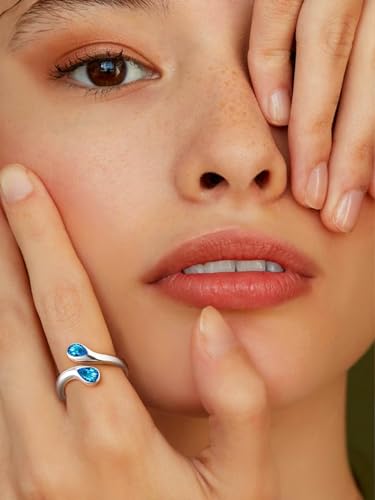 Bestyle Silver Birthstone Ring for Women, Dainty Sterling Silver Teardrop Ring Open Adjustable Band Ring, Love Statement TOI et Moi Ring Promise Ring for Her - color: 12.December (Blue Topaz)