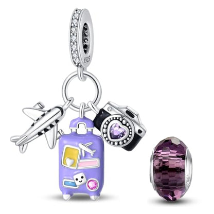 HappyStar 925 Sterling Silver Animal Dogs Charms Pendants fit Pandora Bracelets Necklaces Flowers Sports Travel Charms for Bracelets Women Jrwelry Gifts(with one Spacer Bead Charms) - style: 4-Purple Suitcase Charm