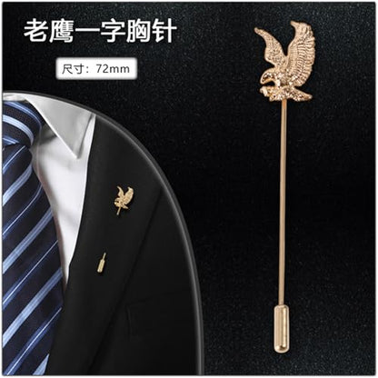 Dreuyet Simple Gold Silver Plated Long Brooch Pins with Cute Animal Antlers Leaves Plant Bees Rabbits Rose Flower Feather Brooch Jewelry for Women Men Elegant Suit Collar Lapel Pin - style: Eagle