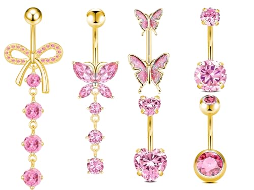 Belly Button Ring Surgical Stainless Steel Belly Button Rings for Women Pink Piercing Jewelry Dangling Belly Ring Pack - color: Gold