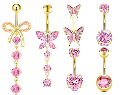 Belly Button Ring Surgical Stainless Steel Belly Button Rings for Women Pink Piercing Jewelry Dangling Belly Ring Pack - color: Gold