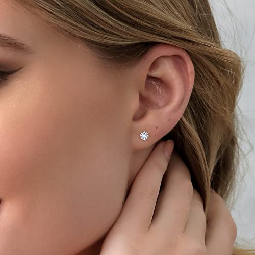 Gem Stone King 14K Gold Gemstone Birthstone Stud Earrings For Women Men | 4MM Round Cut | Solitaire Gold Studs with Secure Backs | Fine Jewelry for Her Him Mom Dad Wife - color: White Created Sapphire-September