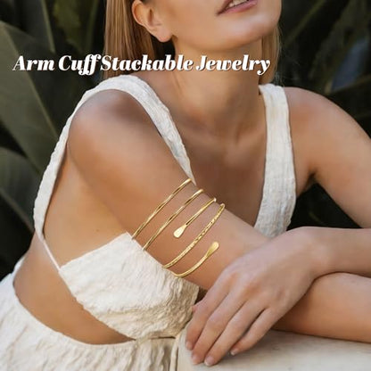 6 Pieces Upper Arm Cuff Arm Band Cuff Bangle Bracelet for Women Hammered Chunky Bracelets Open Wide Wire Bracelets Minimalist Coil Bangle Set Gold Sliver Wrist Cuff Wrap Bracelet Adjustable - color: Gold Cuff Bracelets C