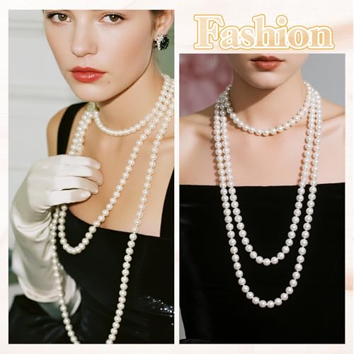 Kerros 150cm Fake Pearl Necklace for Women, 8mm Layered Strand, White | Long White Imitation Pearl Strand, 8mm Plastic Beads for Weddings, Halloween, Costumes and Parties