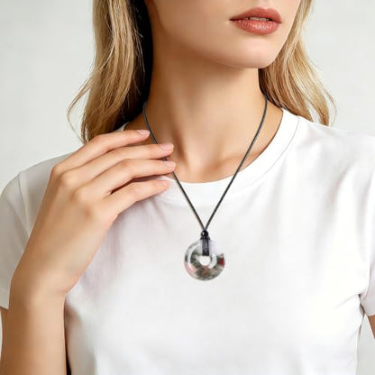 FANASY Natural Gemstone Pendant Necklce Lucky Coin Crystal Necklace Protection Donut Pendnat with Adjustable Rope for Men Women - color: African Bloodstone