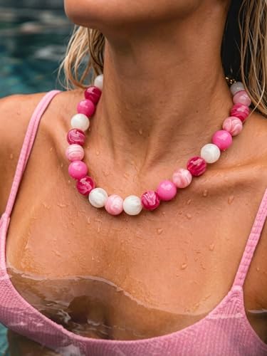 Chunky Beaded Necklaces for Women Statement Necklace | Bold Chunky Choker, Large Resin Beads, Adjustable Necklace, Boho Trendy Summer Beach Holiday Jewelry - color: Pink-01
