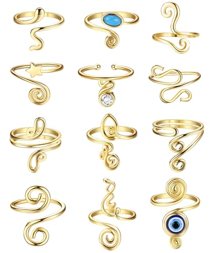 FIBO STEEL 12Pcs Adjustable Toe Rings for Women Open African Toe Rings Summer Beach Foot Jewelry - color: Gold Tone