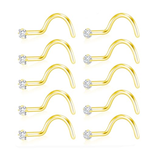 20G Nose Rings Studs for Women Corkscrew Sliver Nose Studs Hypoallergenic Nose Rings 316L Stainless Steel Nose Nostril Percing Jewely for Women Men Round Square CZ Imitation Diamond 1.5mm/2.0mm/2.5mm/3.0mm - style: 20G-corkscrew-gold-1.5mm