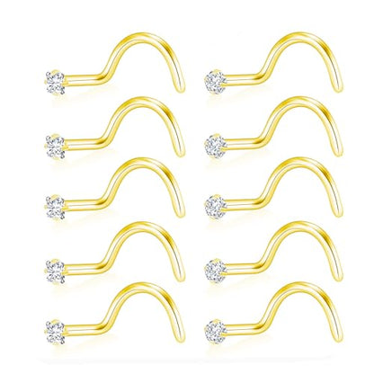 20G Nose Rings Studs for Women Corkscrew Sliver Nose Studs Hypoallergenic Nose Rings 316L Stainless Steel Nose Nostril Percing Jewely for Women Men Round Square CZ Imitation Diamond 1.5mm/2.0mm/2.5mm/3.0mm - style: 20G-corkscrew-gold-1.5mm