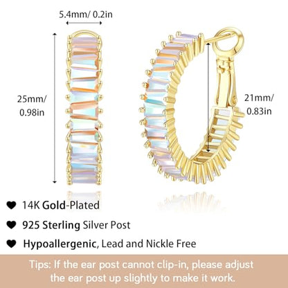 Trendy 14K Gold Plated Hoop Earrings for Women, Chunky Gold/Silver Earrings for Women Cubic Zirconia Baguette Hoop Earrings Heart Hoops Lightweight Hypoallergenic Jewelry,25mm/35mm/40mm/50mm - color: 01 Gold Iridescent Hoops 25mm