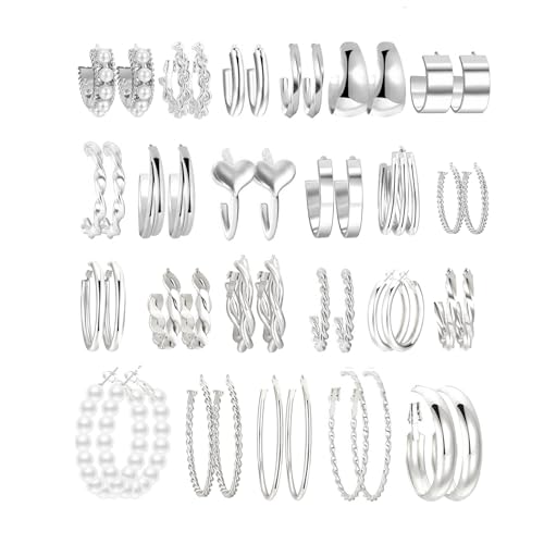 Gold Hoop Earrings Set for Women, Fashion Chunky Pearl Earrings Multipack Twisted Statement Earring Pack, Hypoallergenic Small Big Hoops Earrings for Birthday Party - color: Silver-23 Pairs