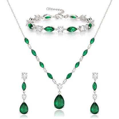 Teardrop Marquise Cubic Zirconia Wedding Prom Jewelry Set for Women Bridal | Silver/Gold/Rose Gold Plated, Pear Cut Pendant Necklace Drop Earrings Link Bracelet, for Bride Bridesmaid, for Banquet Party - style: B_Three Set, Green Silver-Tone (Teardrop)