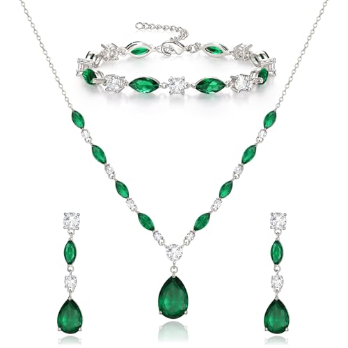 Teardrop Marquise Cubic Zirconia Wedding Prom Jewelry Set for Women Bridal | Silver/Gold/Rose Gold Plated, Pear Cut Pendant Necklace Drop Earrings Link Bracelet, for Bride Bridesmaid, for Banquet Party - style: B_Three Set, Green Silver-Tone (Teardrop)