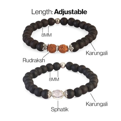 Avoirr 2 Bracelet Set – 8mm Karungali/Ebonywood with Clear Quartz Beads-Rudraksha & Karungali Bracelet | Handcrafted Spiritual Meditation Bracelet | Traditional Energy Balance & Protection Beads | Unisex – Handmade Natural Wooden & Crystal Bracelets for M