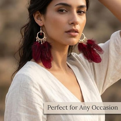 Vibrant Red Feather Drop Earrings for Women Vintage Hoop | Lightweight retro accessories complementing summer vacation outfits