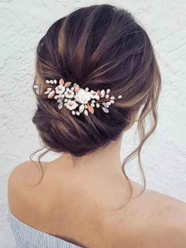 GORAIS Flower Wedding Hair Vine Pearl Bridal Hair Pieces Crystal Hair Accessories for Bride and Women - color: c-rose gold