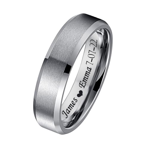 Personalized Tungsten Ring for Men 6mm/8mm Black Tungsten Carbide Engagement Wedding Band Brushed Matte Finish Customized Promise Ring Domed Comfort Fit Size 6-13 - color: 6mm-Silver