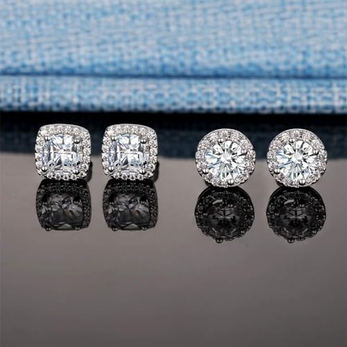 18K White Gold Plated Round Square Cubic Zirconia Simulated Diamond Halo Stud Earrings 2 pairs Set - color: White Gold