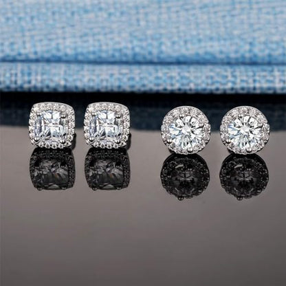 18K White Gold Plated Round Square Cubic Zirconia Simulated Diamond Halo Stud Earrings 2 pairs Set - color: White Gold