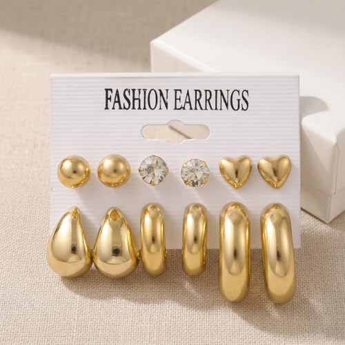 12-24pcs Handmade Crystal Heart CZ Earrings Pack Chunky Gold Earrings for Women Drop Stainless Steel Earrings Set - color: VC003/Drop12p/Gold