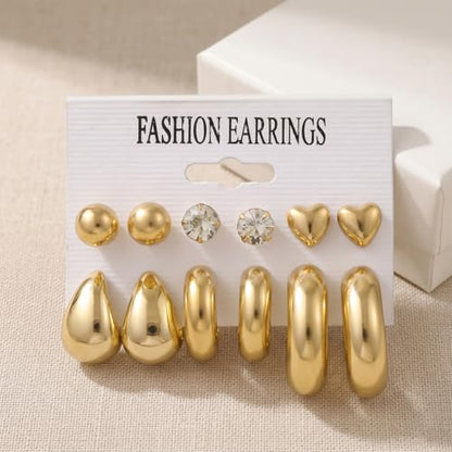 12-24pcs Handmade Crystal Heart CZ Earrings Pack Chunky Gold Earrings for Women Drop Stainless Steel Earrings Set - color: VC003/Drop12p/Gold