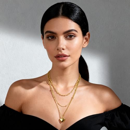 Gmai Layered Necklaces for Women Gold Plated 3/4/5 Piece Adjustable Stackable Necklace Set with Pearl Cross Coin Pendant Dainty Gold Silver Choker Chain Jewelry Gift for Her - style: Heart Necklace
