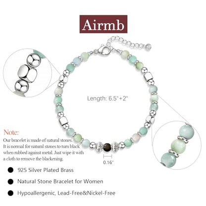 Airmb Inspirational Gifts for Women Friend Birthday Bracelets for Women Dainty Moonstone Natural Stone Strand Bracelet 925 Silver Plated Beaded, Unique Gift for Friends Daughter Mom Sister Gifts Jewelry