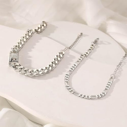 14K Gold Anklets for Women Waterproof Rhinestone Ankle Bracelet Layered Cuban Link Chain Diamond Anklet Beach Jewelry for Women - color: Style B-Silver Anklets
