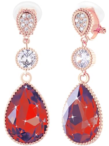 Clip On 18 * 13MM Big Crystal Dangle Non Pierced Earrings for Women 14K Gold Plated Jewelry - color: Jan-Garnet-Rose Gold Plated