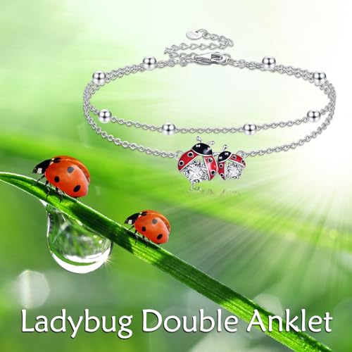 POPLYKE Frog/Pearl/Dragonfly/Ladybug/Highland Cow/Pearl/Moonstone Anklets Sterling Silver Double Layered Chain Beach Anklets for Women Foot Jewelry - style: Ladybug Anklets