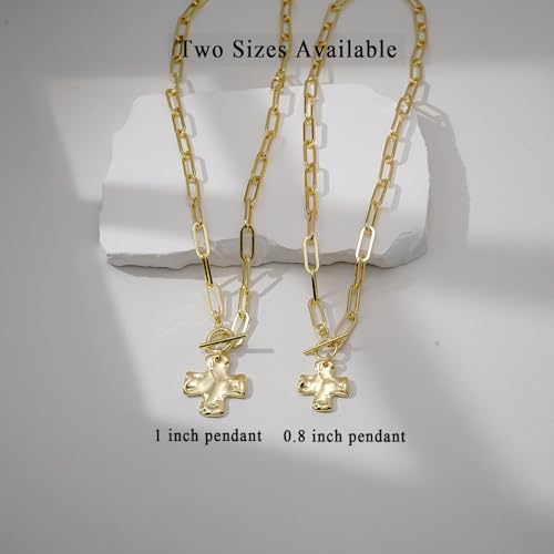 Bheop Chunky Cross Necklace for Women, 14K Gold Silver Statement Necklace | Sturdy Paperclip Chain, Hammered Pendant, Vintage Charm, Trendy Costume Jewelry, Faith Christian Religious Gift, Non Tarnish - style: GD-Toggle Necklace（1 inch Pendant)