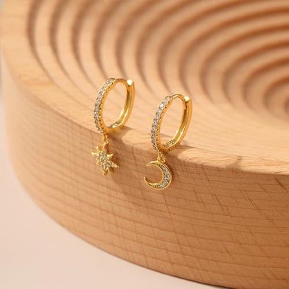 LOVECOM 925 Sterling Silver Heart Dangle Earrings for Women 14K Gold Plated Dainty CZ Love Hearts Charm Huggie Hoop Earrings to Daughter Birthday Wedding Graduation Gifts Jewelry Gifts - color: Style 4-Gold
