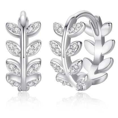 14K Gold Huggie Earrings for Women Silver Huggie Hoop Earrings Cubic Zirconia Huggie Earrings Stud Earrings Lightweight Dainty Hypoallergenic Earrings Jewelry Gifts - color: Silver Olive Leaf CZ Huggie Earrings