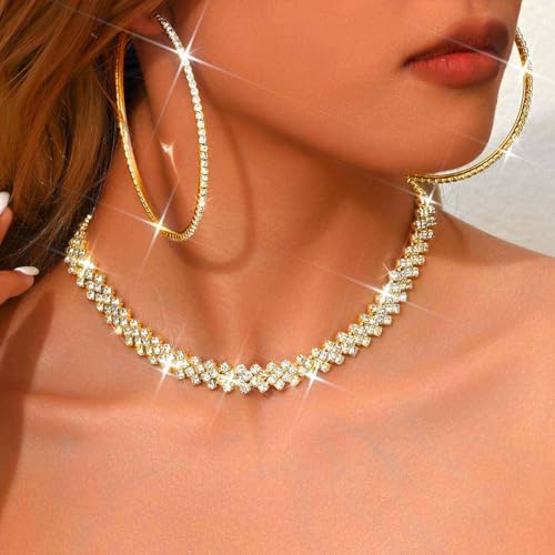 Black Jewelry Sets Rhinestone Necklace Hoop Earrings Bracelet Set Prom Formal Sparkly Costume Jewelry Sets for Women - color: Gold