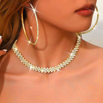 Black Jewelry Sets Rhinestone Necklace Hoop Earrings Bracelet Set Prom Formal Sparkly Costume Jewelry Sets for Women - color: Gold
