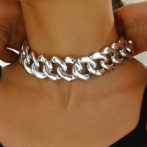 Chunky Link Cuban Chains Necklace Women's Punk Hip-hop Thick Gold Chain Choker Necklace Fashion Costume Jewelry for Women (gold) - color: Silver