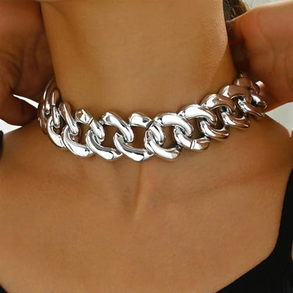 Chunky Link Cuban Chains Necklace Women's Punk Hip-hop Thick Gold Chain Choker Necklace Fashion Costume Jewelry for Women (gold) - color: Silver