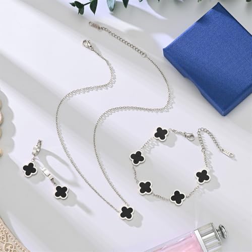 18K Gold Plated Lucky Clover Jewelry Set, Birthday Gifts for Women | Stainless Steel Hypoallergenic,Black White Red Four Leaf Clover Bracelet Necklace Earrings set, Daily Wear, Gifts for Women - color: Clover Set-Silver Black