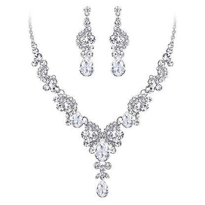 EVER FAITH Rhinestone Crystal Bridal Floral Wave Teardrop Necklace Earrings Set - color: 2pcs_Clear