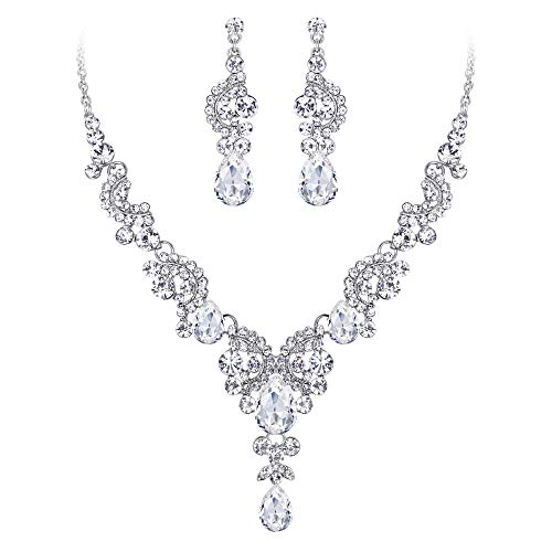 EVER FAITH Rhinestone Crystal Bridal Floral Wave Teardrop Necklace Earrings Set - color: 2pcs_Clear